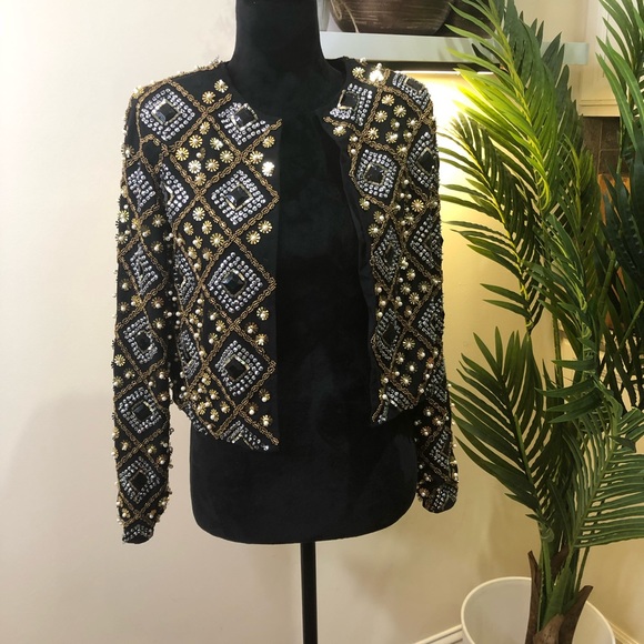 House of Harlow 1960 X Revolve Sequin & Beaded Crop Blazer Gold Silver Black XXS - Picture 2 of 12